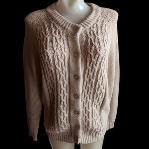 Women's Cardigan Sweater Medium Vintage Cable Knit Ribbed Cuffs Beige 1960's